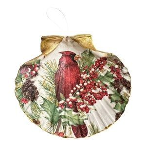 Handcrafted decoupage Christmas tree ornament, cardinal theme with gold trim